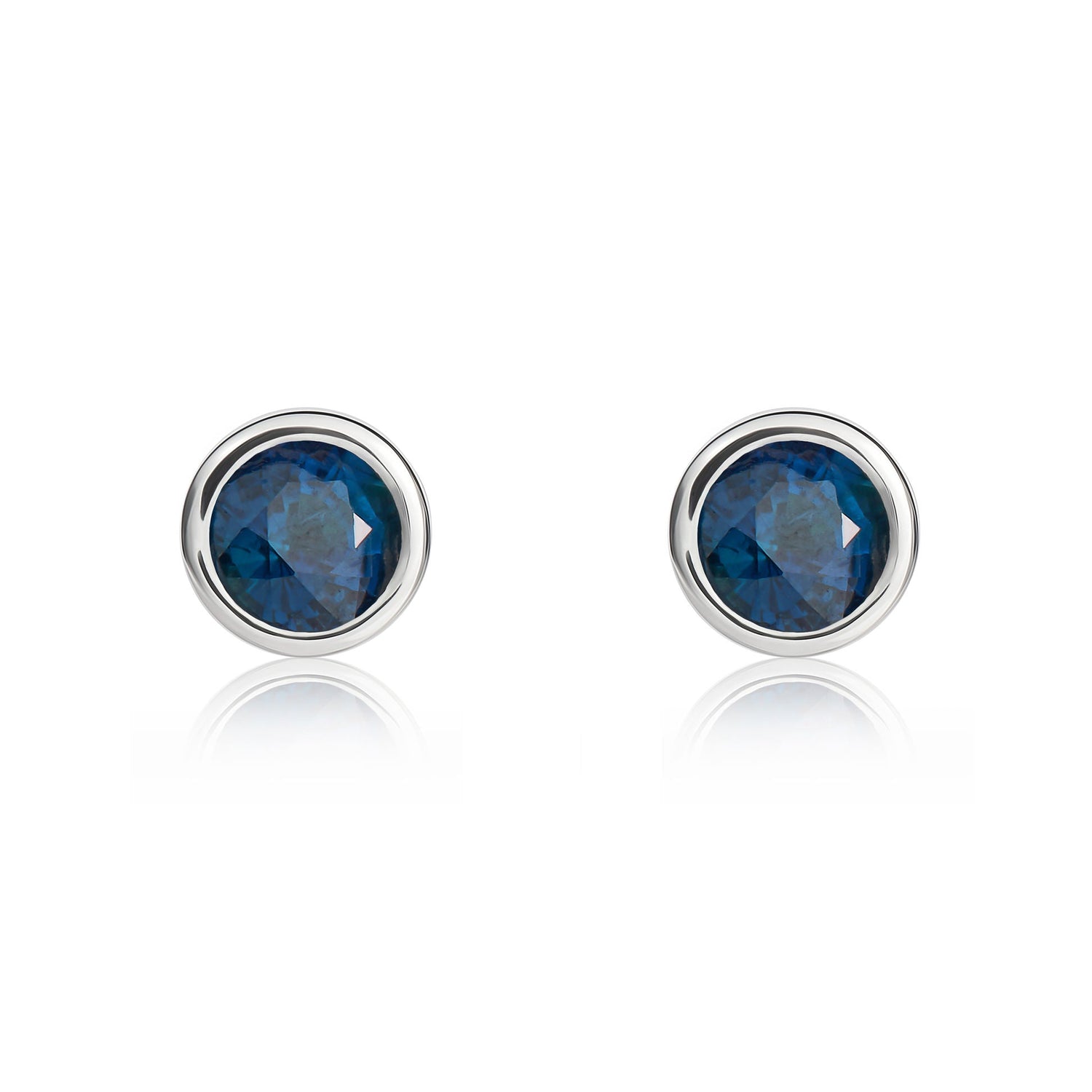 9ct White Gold Round  Natural Sapphire Rubover Stud Earrings — 4mm