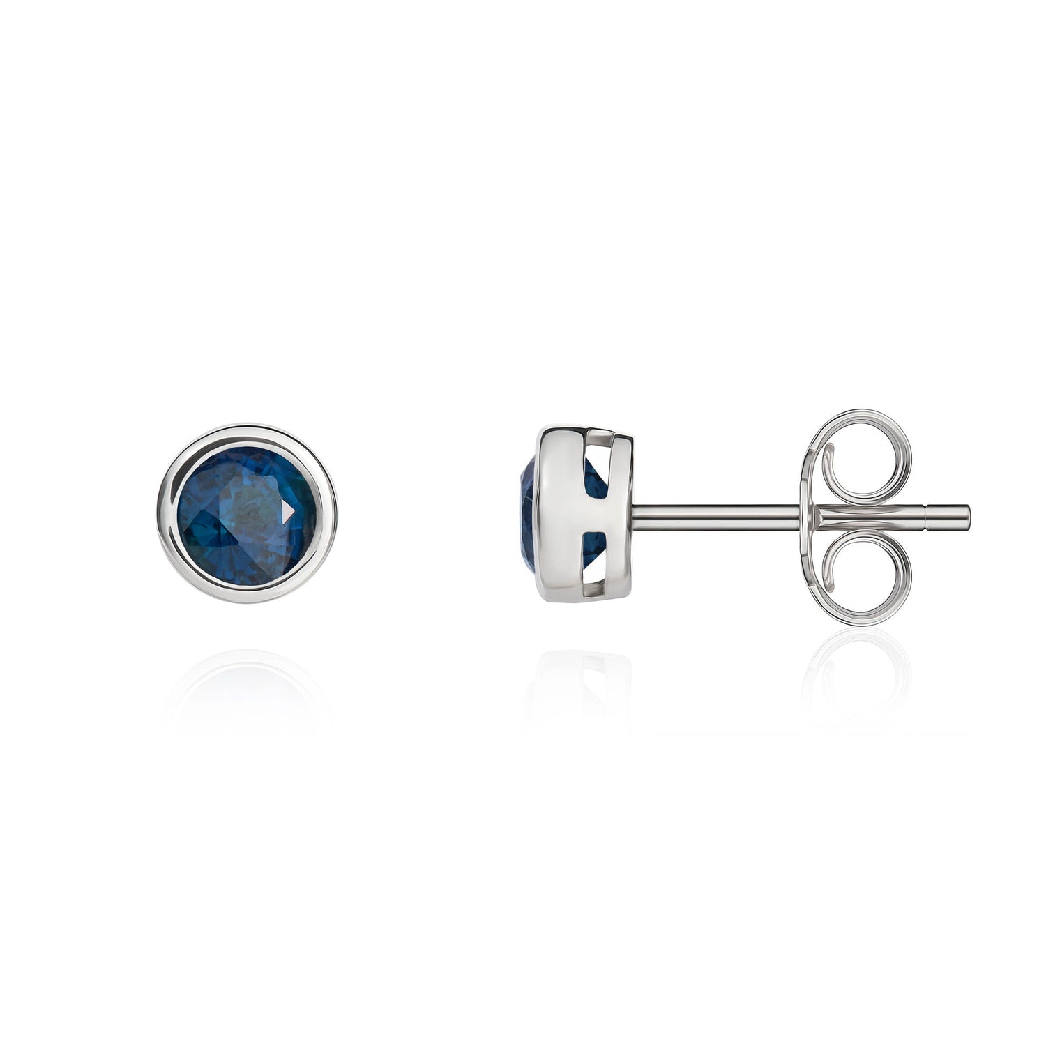 9ct White Gold Round  Natural Sapphire Rubover Stud Earrings — 4mm