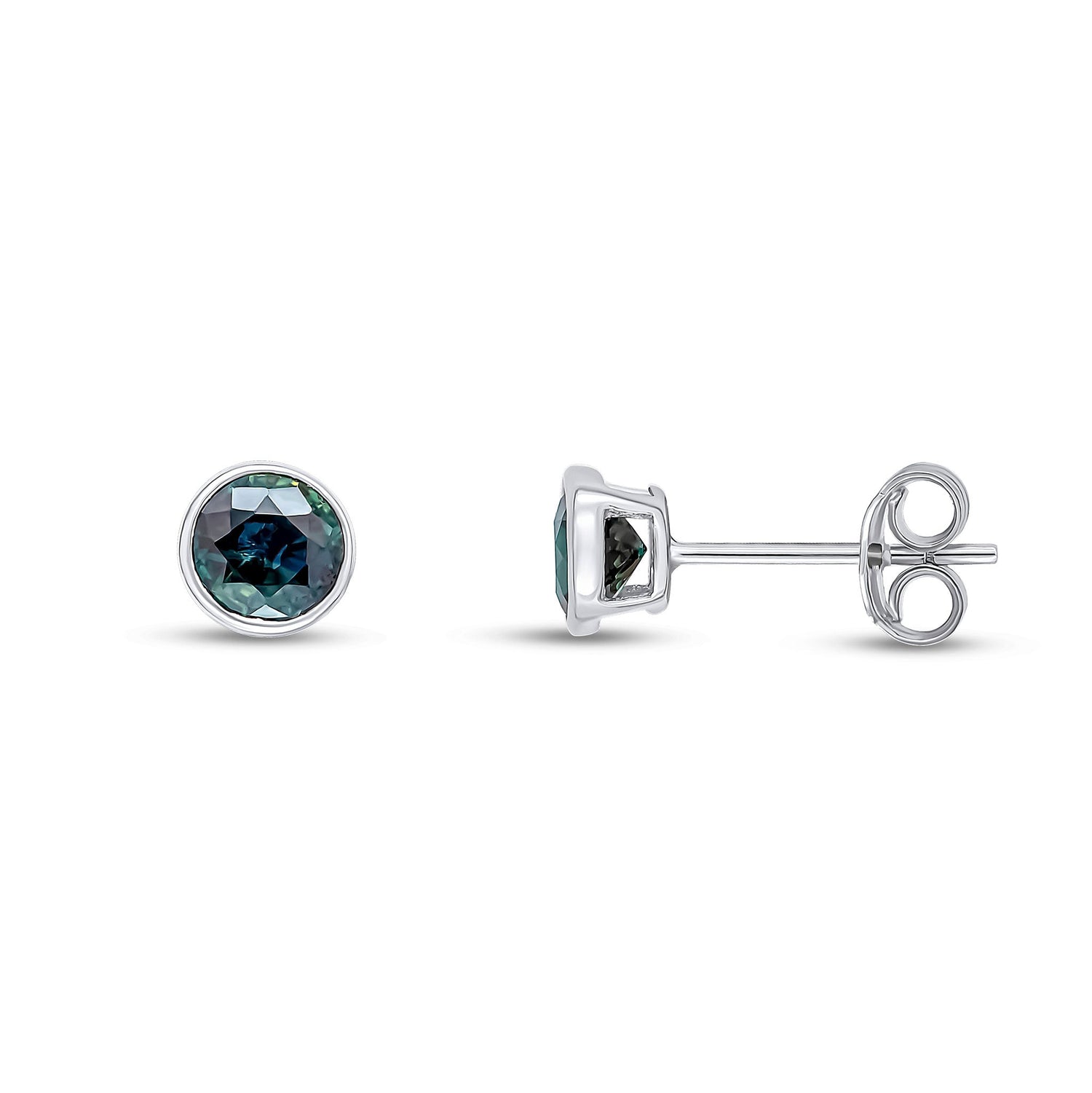 9ct White Gold Round Natural Sapphire Rubover Stud Earrings — 5mm