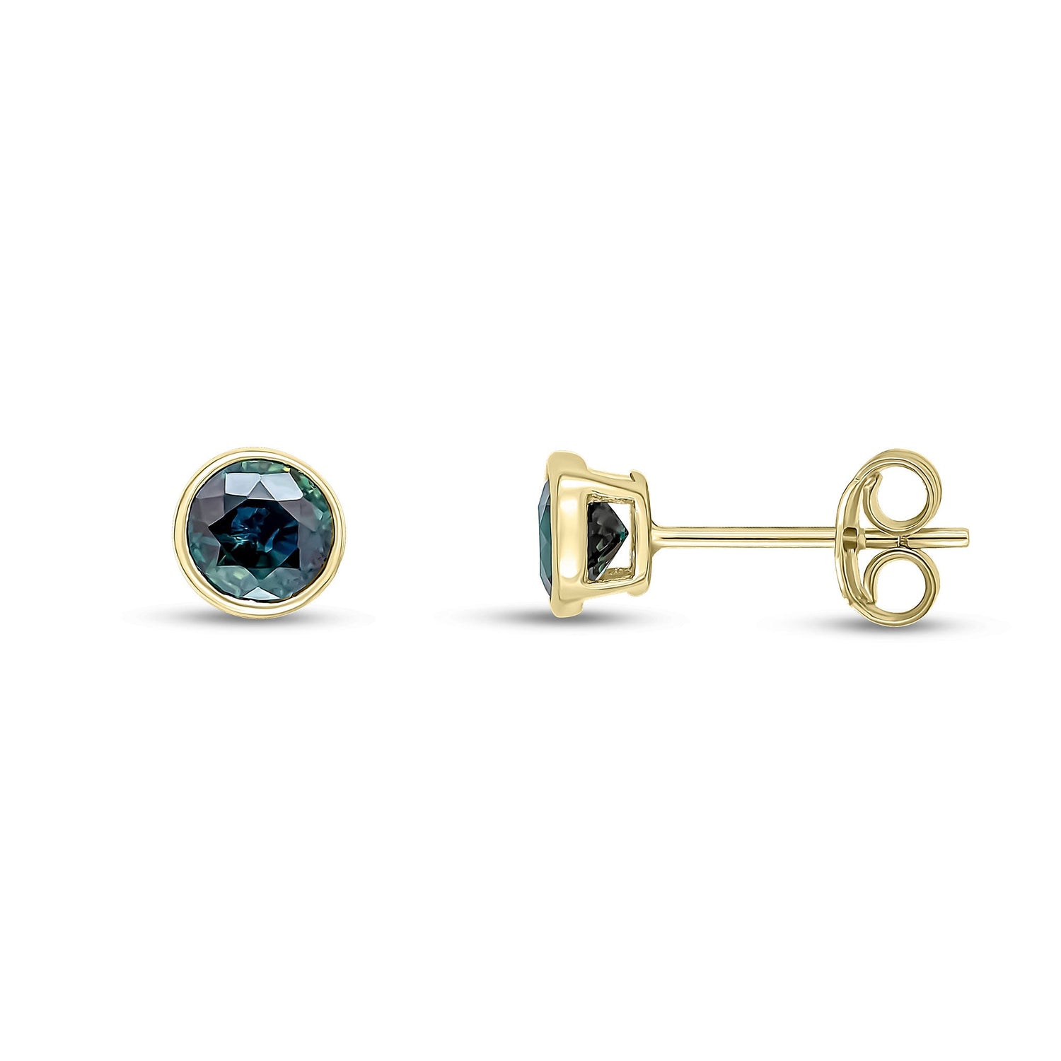 9ct Yellow Gold Round Natural Sapphire Rubover Stud Earrings — 5mm