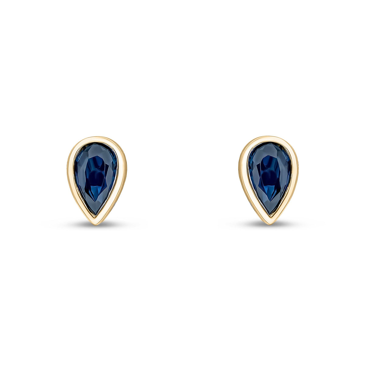 9ct Yellow Gold Pear Shaped Natural Sapphire Rubover Stud Earrings — 5x3mm