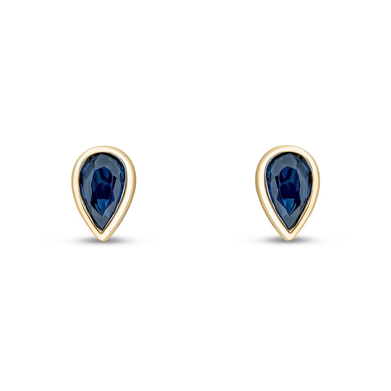 9ct Yellow Gold Pear Shaped Natural Sapphire Rubover Stud Earrings — 5x3mm