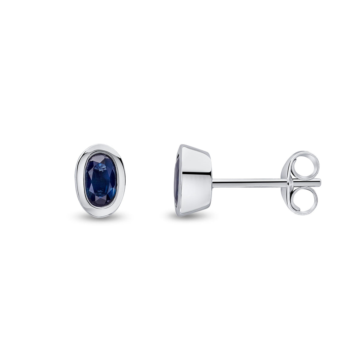9ct White Gold Oval Natural Sapphire Rubover Stud Earrings — 5x3mm