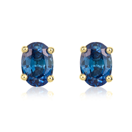 9ct Yellow Gold Oval Sapphire Claw Set Stud Earrings — 7x5mm