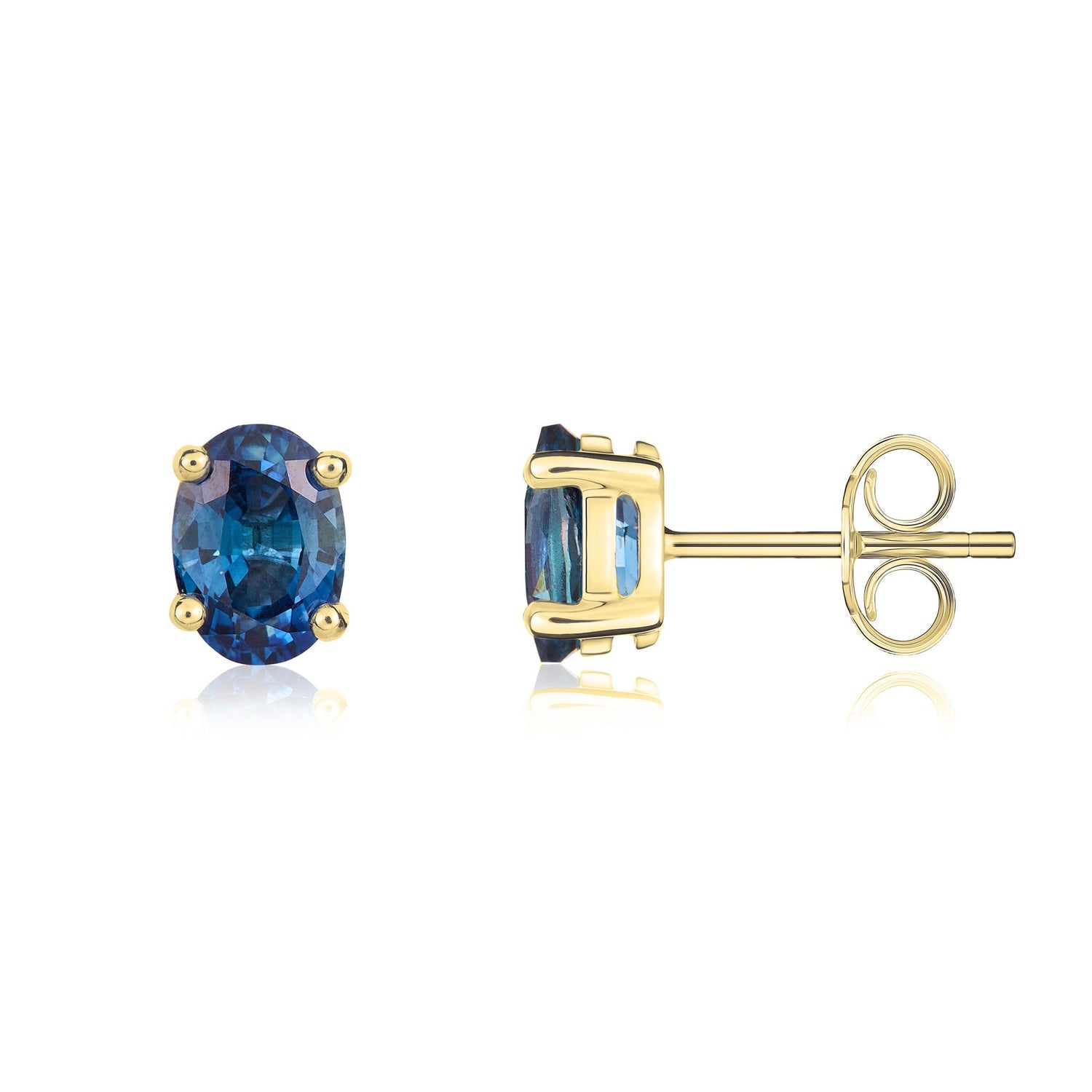 9ct Yellow Gold Oval Natural Sapphire Claw Set Stud Earrings — 7x5mm