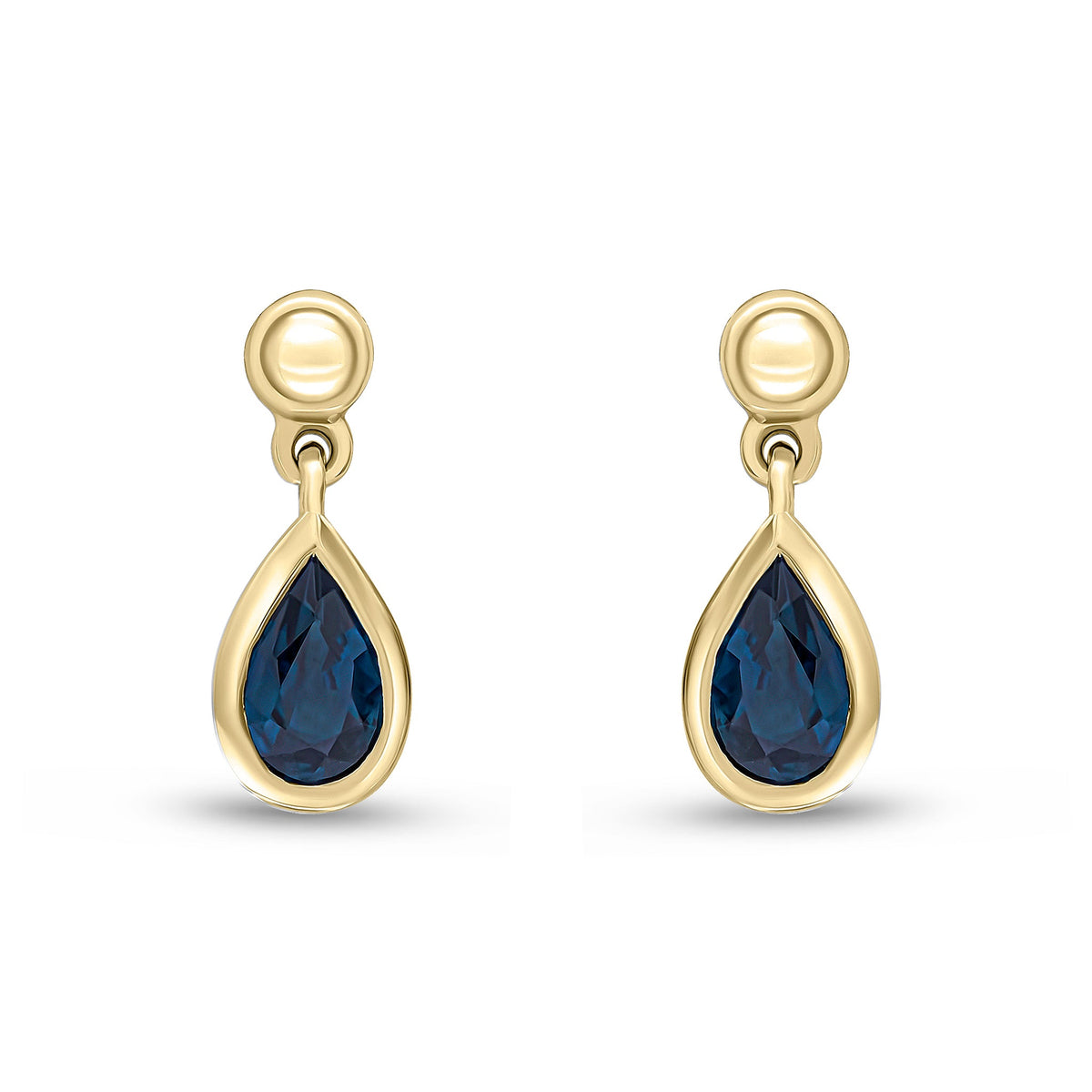 9ct Yellow Gold Pear Shaped Natural Sapphire Rubover Drop Earrings with Bead Top — 6x4mm