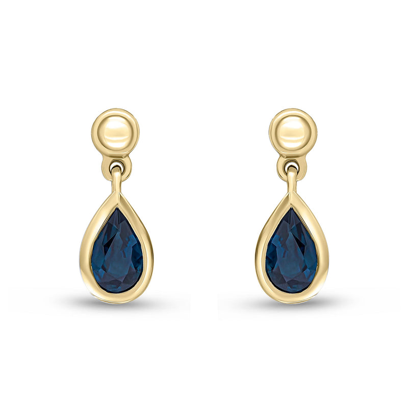9ct Yellow Gold Pear Shaped Natural Sapphire Rubover Drop Earrings with Bead Top — 6x4mm