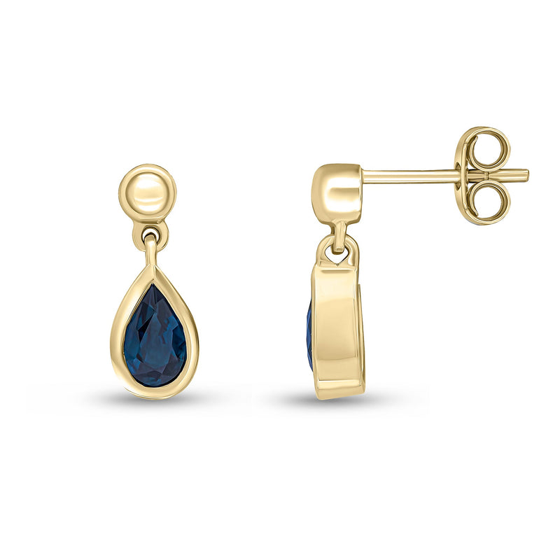9ct Yellow Gold Pear Shaped Natural Sapphire Rubover Drop Earrings with Bead Top — 6x4mm