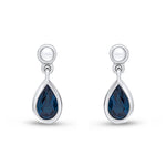 9ct White Gold Pear Shaped Natural Sapphire Rubover Drop Earrings with Bead Top — 6x4mm