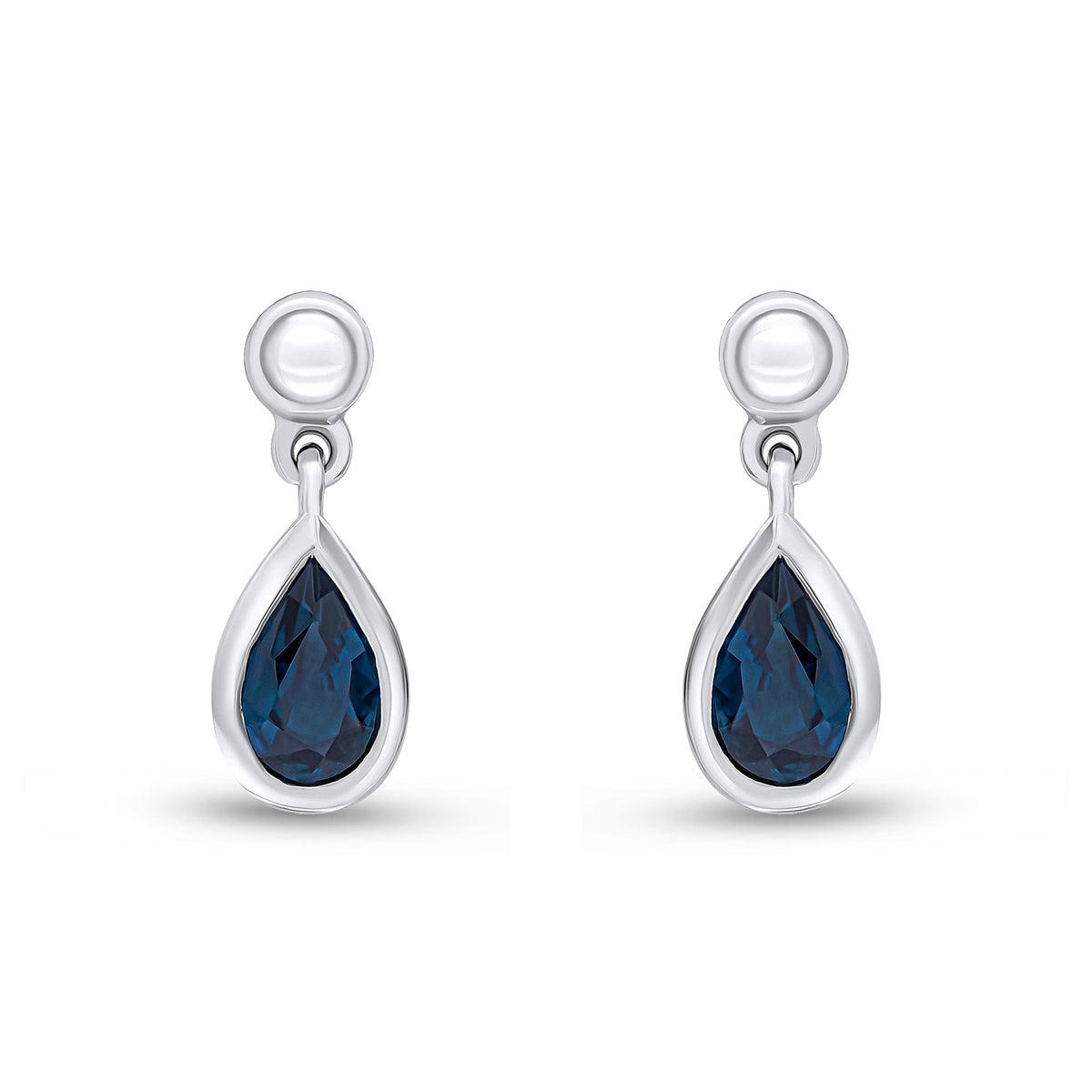 9ct White Gold Pear Shaped Natural Sapphire Rubover Drop Earrings with Bead Top — 6x4mm