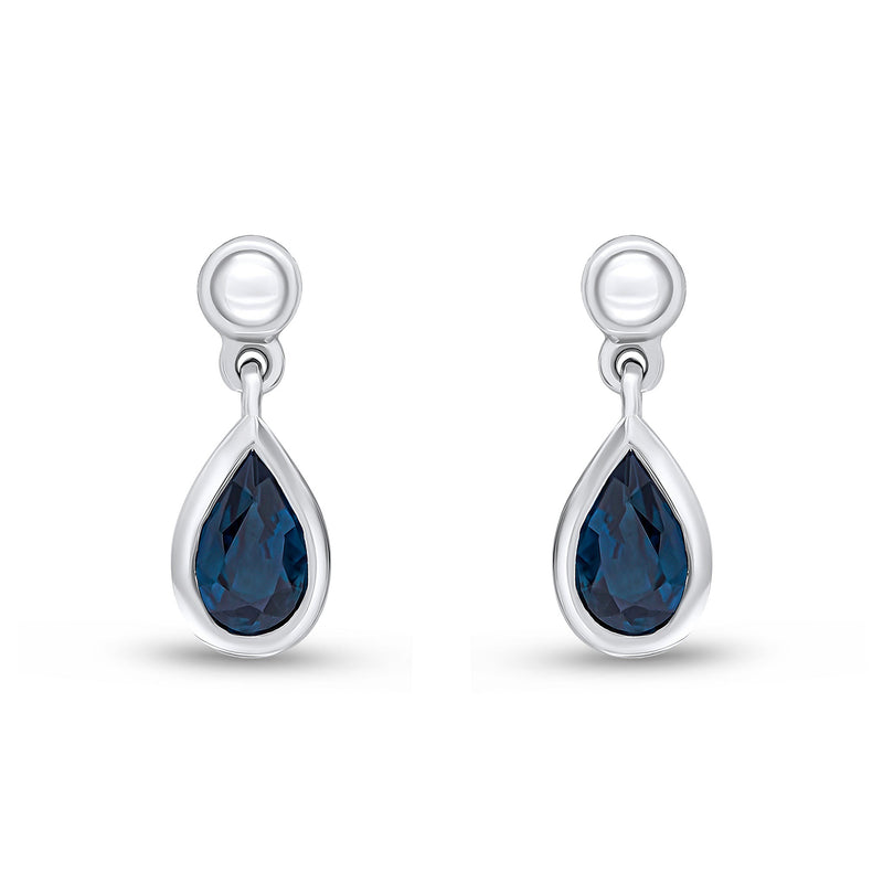 9ct White Gold Pear Shaped Natural Sapphire Rubover Drop Earrings with Bead Top — 6x4mm