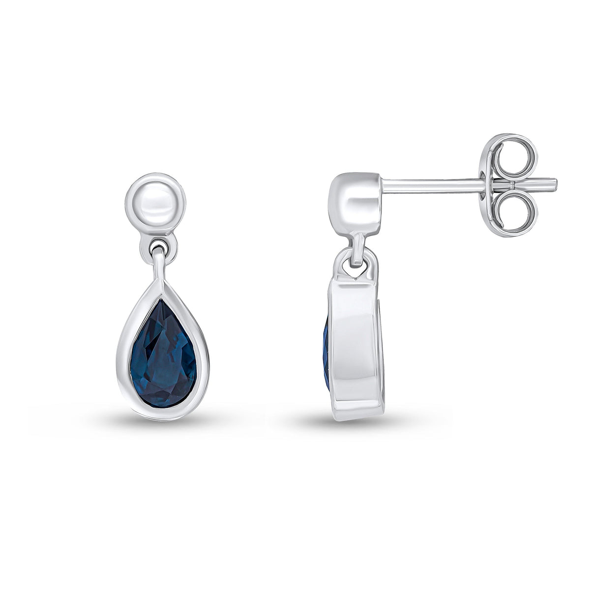 9ct White Gold Pear Shaped Natural Sapphire Rubover Drop Earrings with Bead Top — 6x4mm