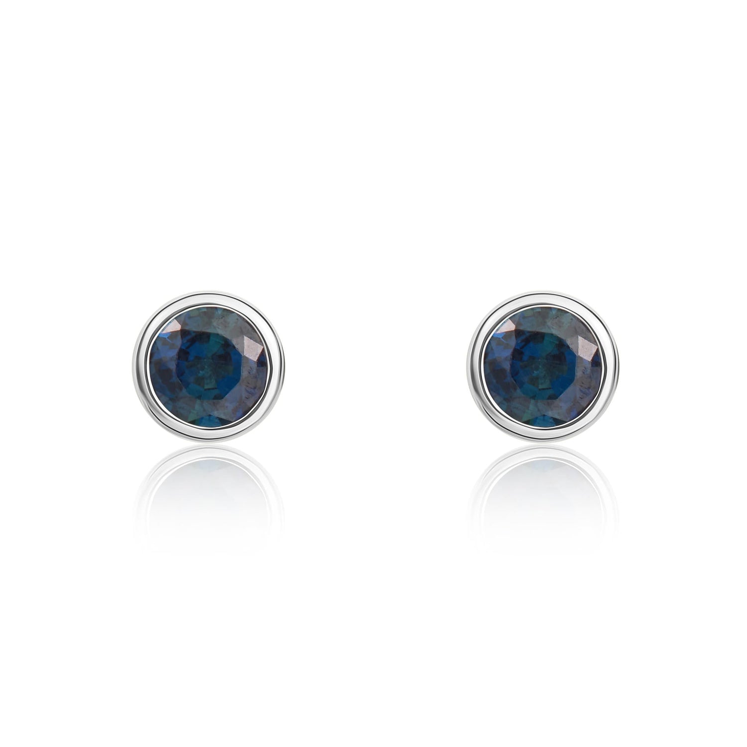 9ct White Gold Round Natural Sapphire Rubover Stud Earrings — 3mm