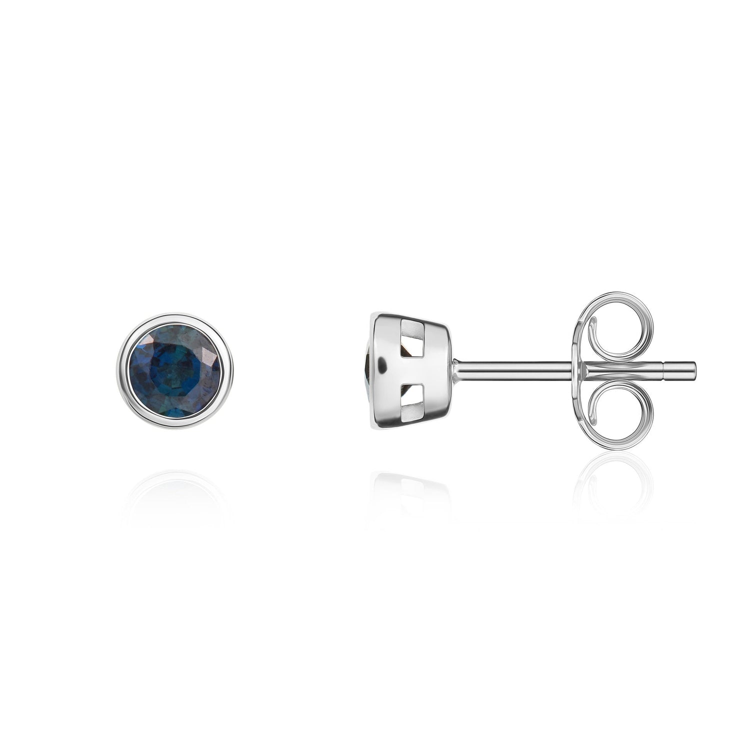 9ct White Gold Round Natural Sapphire Rubover Stud Earrings — 3mm