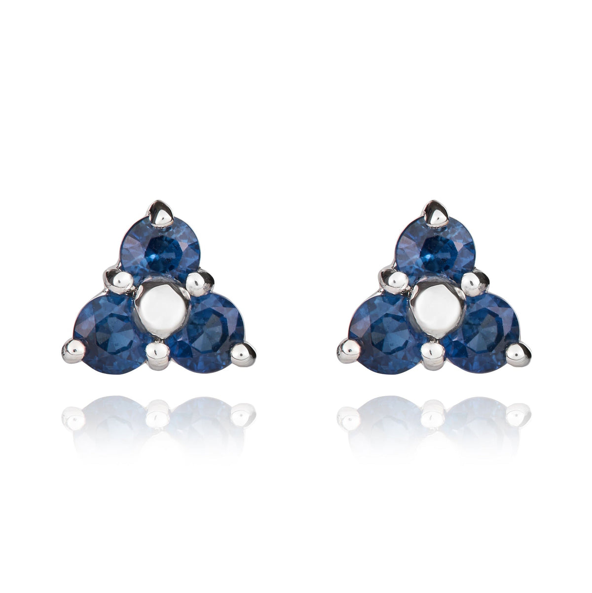 9ct White Gold Round Natural Sapphire Trefoil Claw Stud Earrings