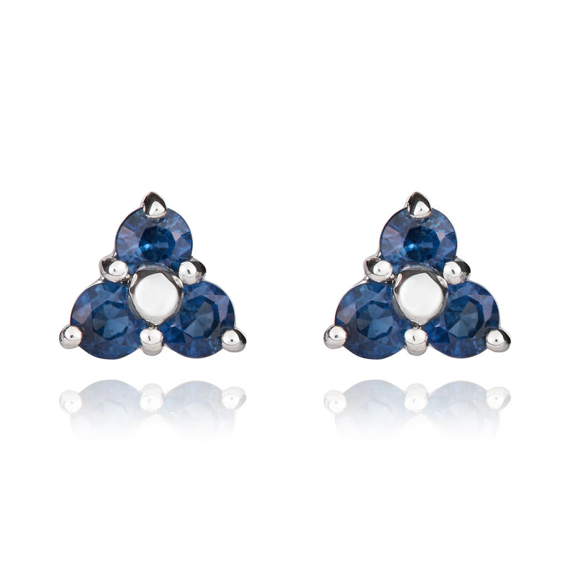 9ct White Gold Round Natural Sapphire Trefoil Claw Stud Earrings