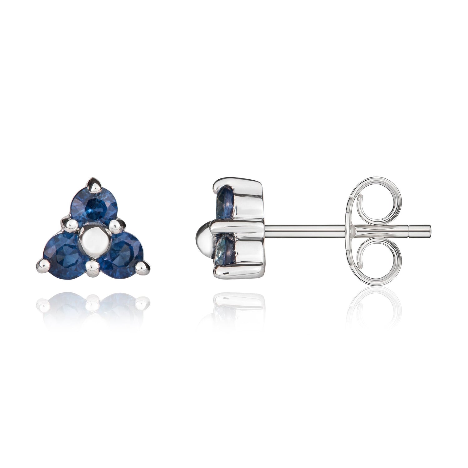 9ct White Gold Round Trefoil Natural Blue Sapphire Stud Earrings — 2.5mm