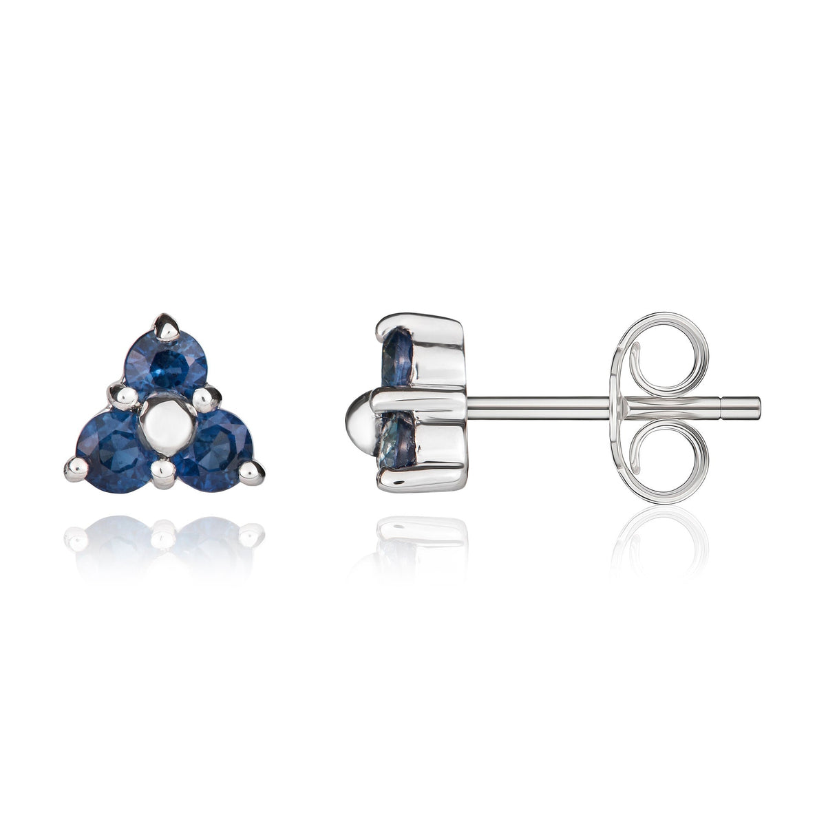 9ct White Gold Round Natural Sapphire Trefoil Claw Stud Earrings
