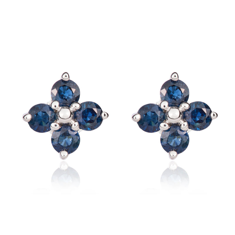 9ct White Gold Round Natural Sapphire Four Stone Cluster Stud Earrings