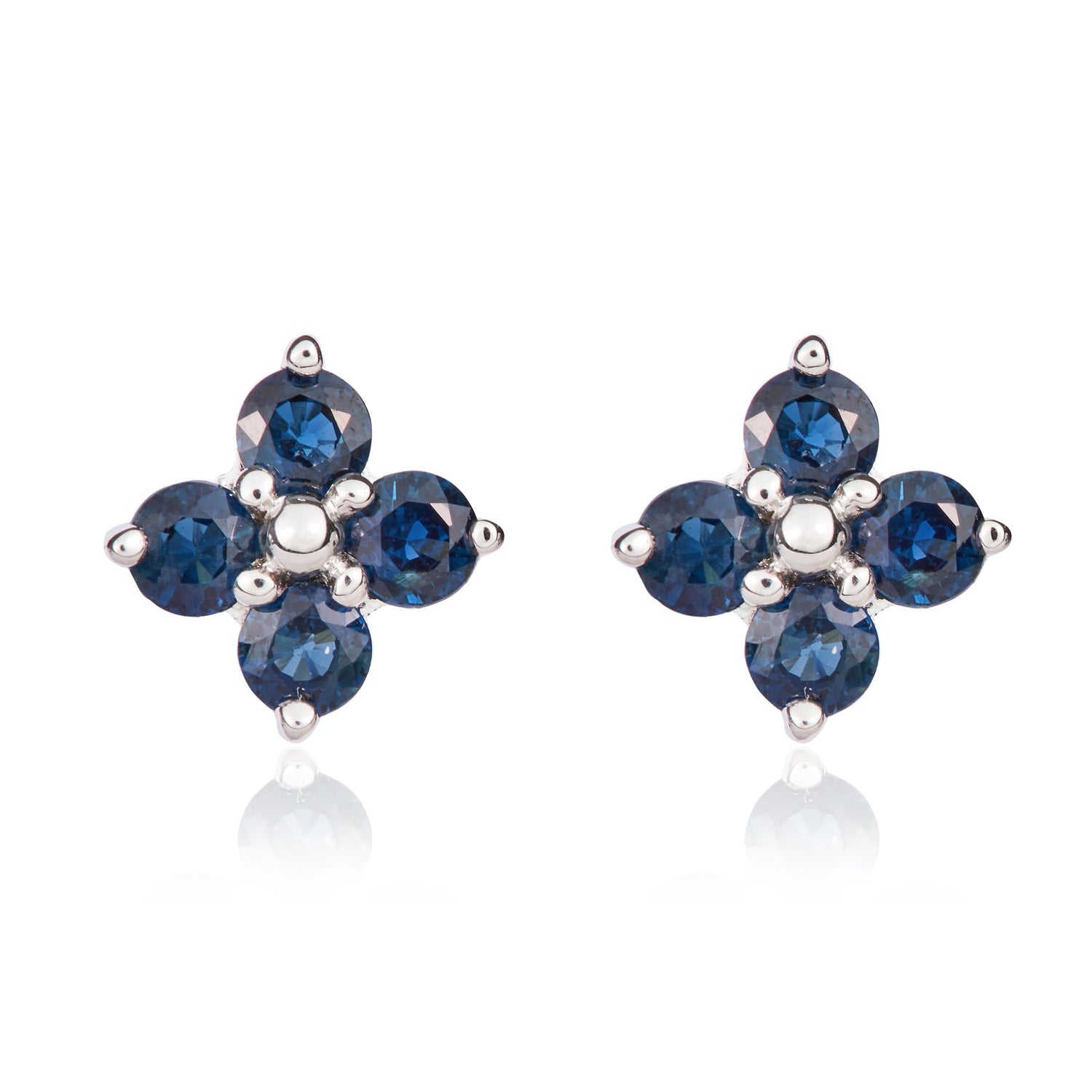 9ct White Gold Round Natural Sapphire Quatrefoil Claw Set Stud Earrings