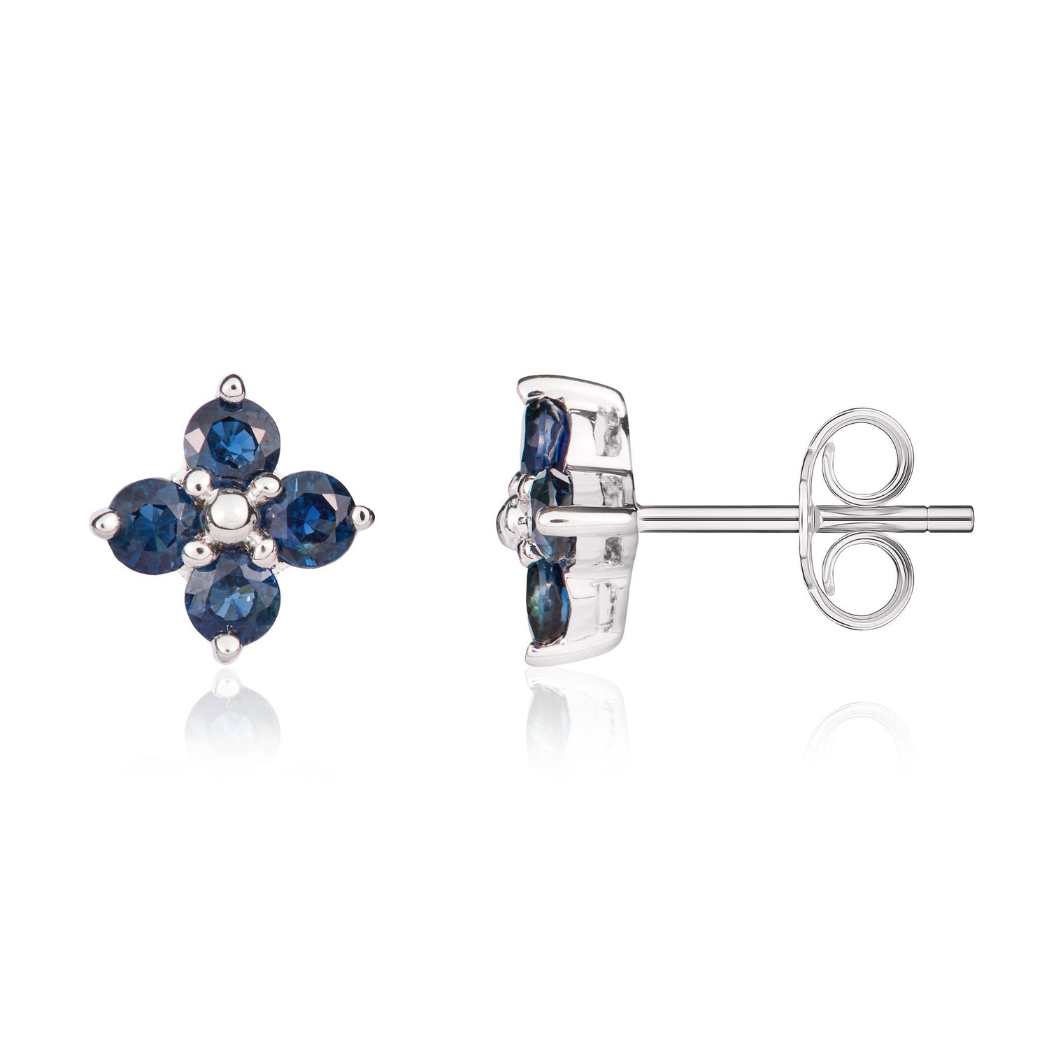 9ct White Gold Round Natural Sapphire Quatrefoil Claw Set Stud Earrings