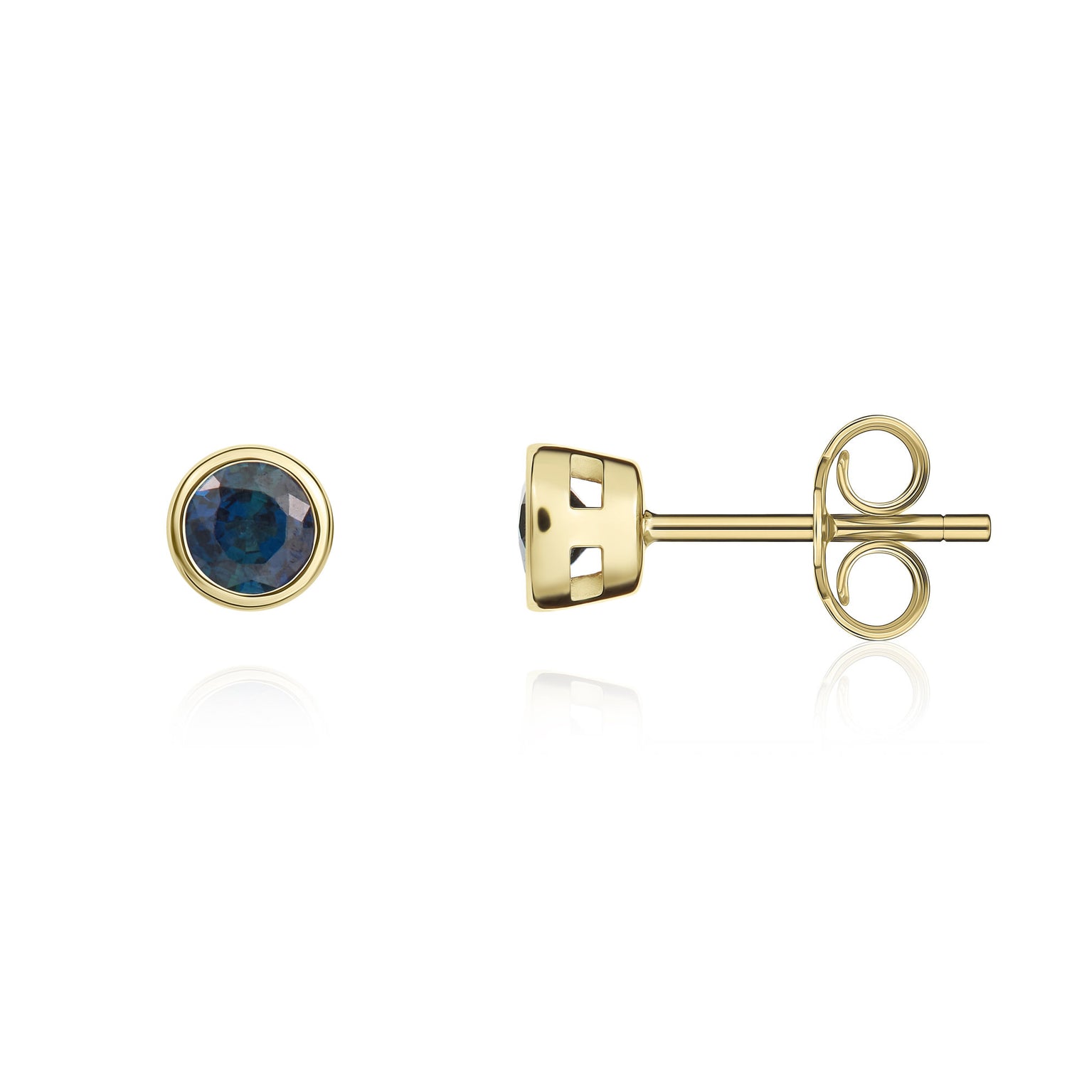 9ct Yellow Gold Round Natural Sapphire Rubover Stud Earrings — 3mm