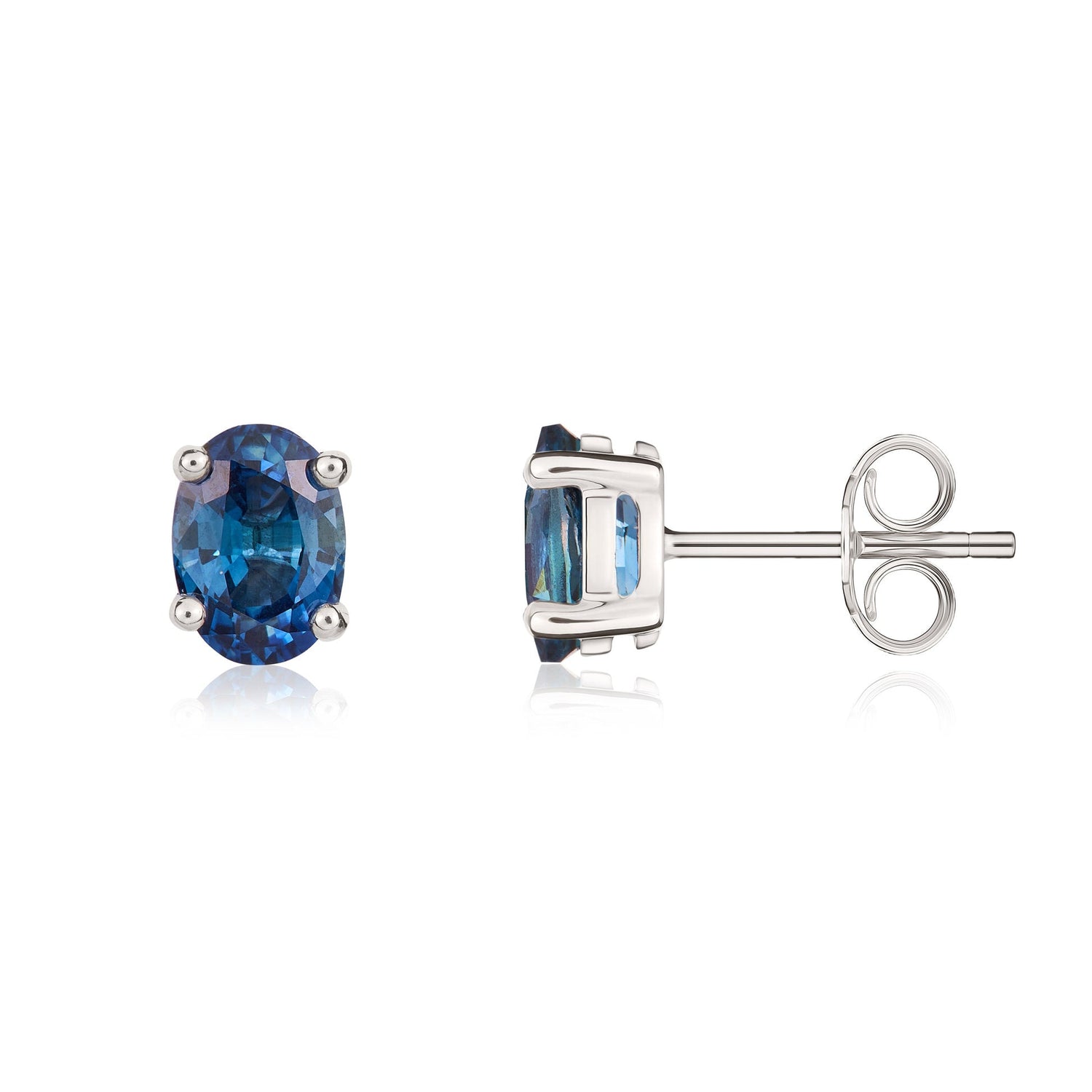 9ct White Gold Oval Natural Blue Sapphire Claw Stud Earrings — 7x5mm