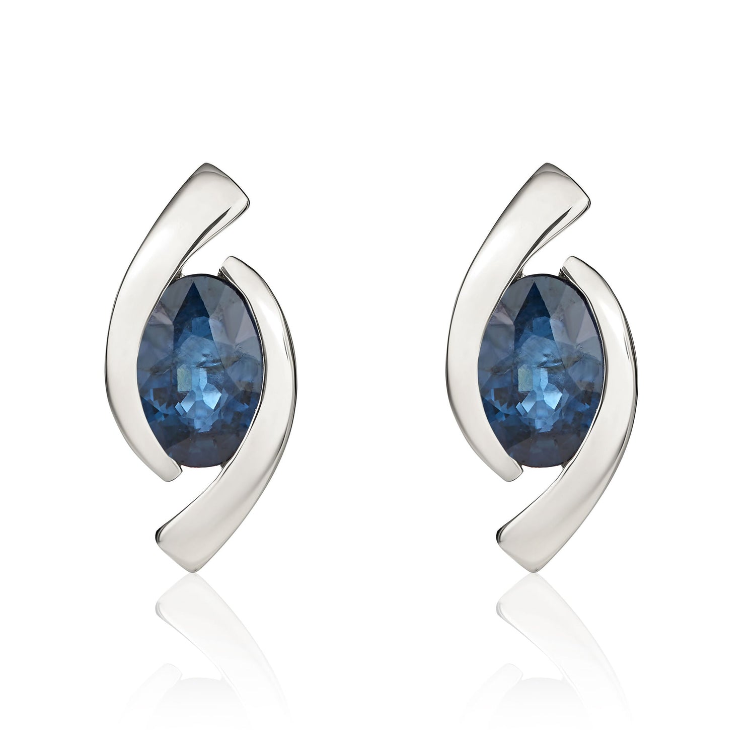9ct White Gold Oval Natural Sapphire 'Eye' Stud Earrings — 6x4mm