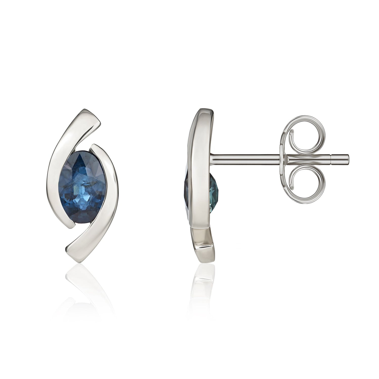 9ct White Gold Oval Natural Sapphire 'Eye' Stud Earrings — 6x4mm