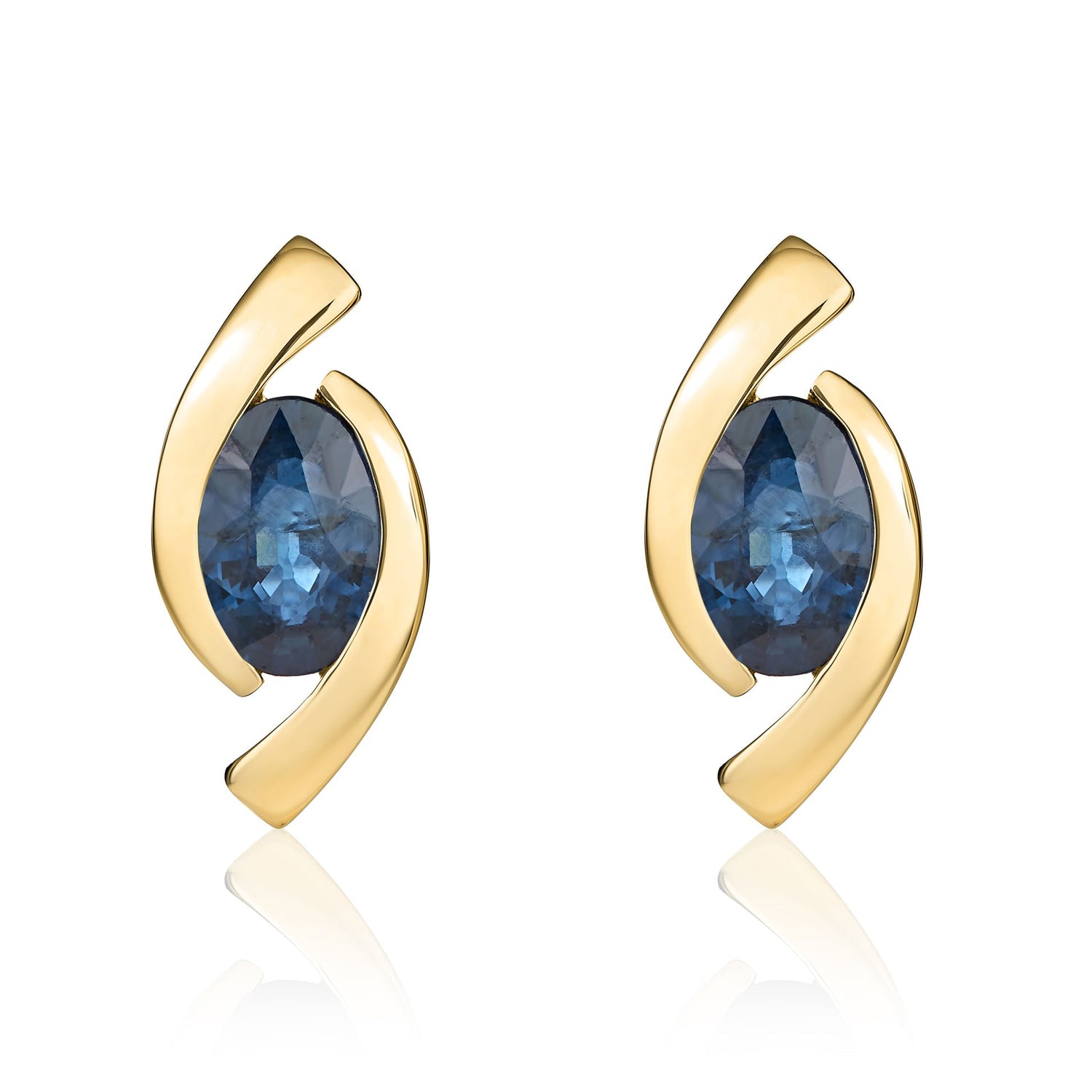 9ct Yellow Gold Oval Natural Sapphire 'Eye' Stud Earrings — 6x4mm