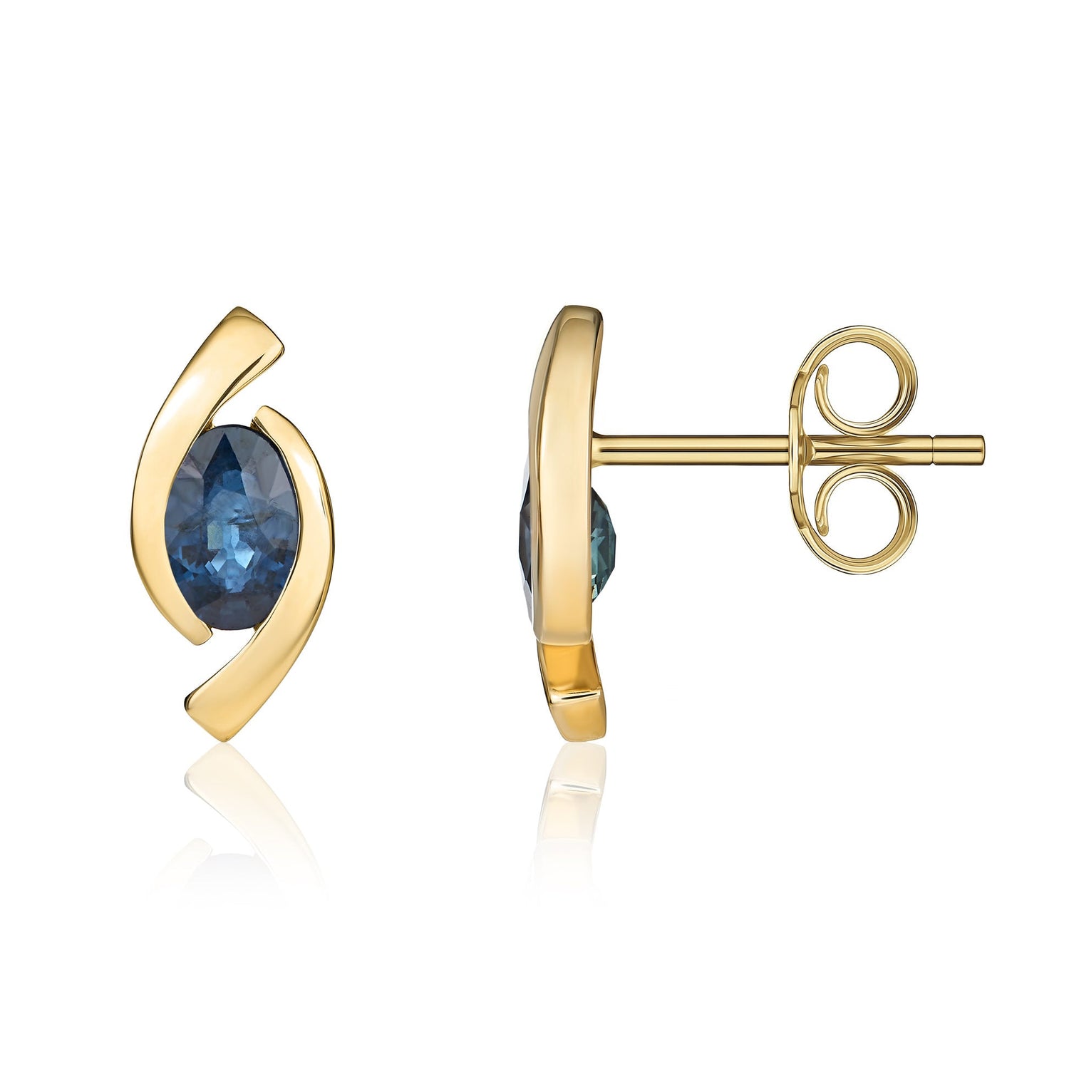 9ct Yellow Gold Oval Natural Sapphire 'Eye' Stud Earrings — 6x4mm
