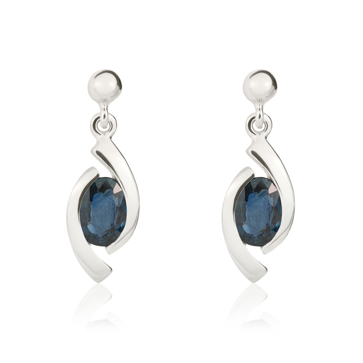 9ct White Gold Oval Natural Sapphire 'Eye' Drop Earrings with Bead Top — 6x4mm