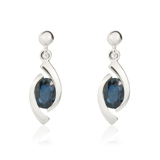 9ct White Gold Oval Natural Sapphire 'Eye' Drop Earrings with Bead Top — 6x4mm