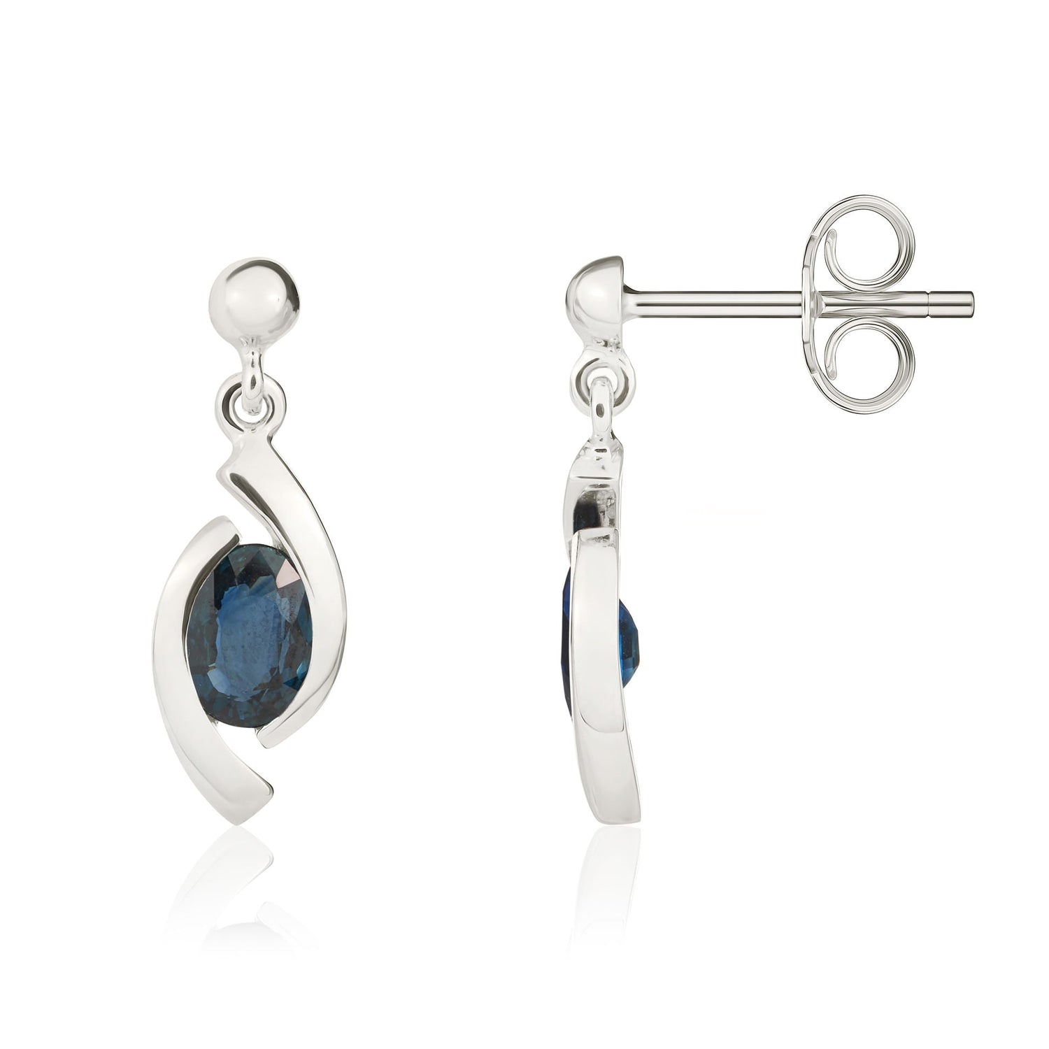 9ct White Gold Oval Natural Sapphire 'Eye' Drop Earrings with Bead Top — 6x4mm