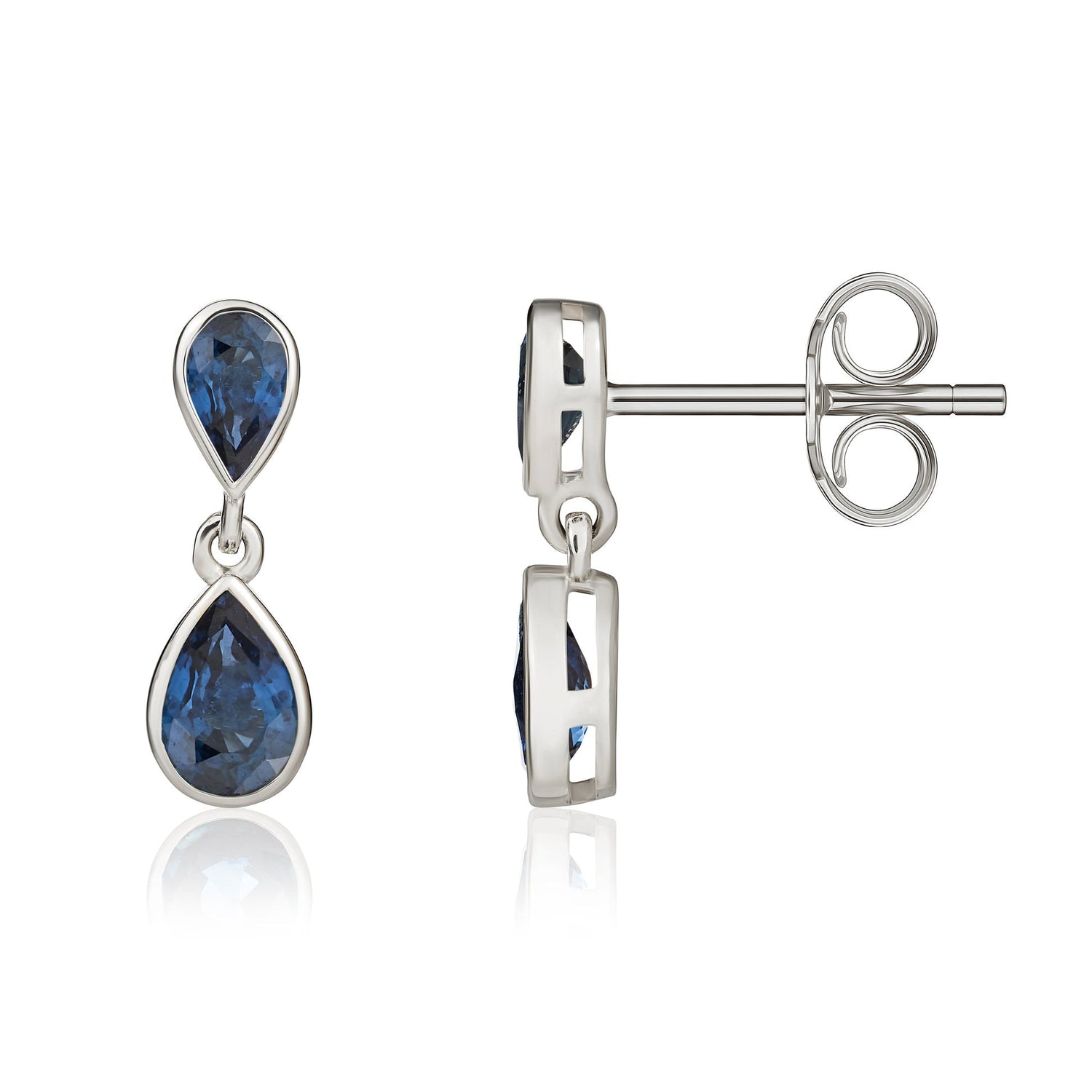 9ct White Gold Pear Shaped Natural Blue Sapphire Two Stone Rubover Drop Earrings