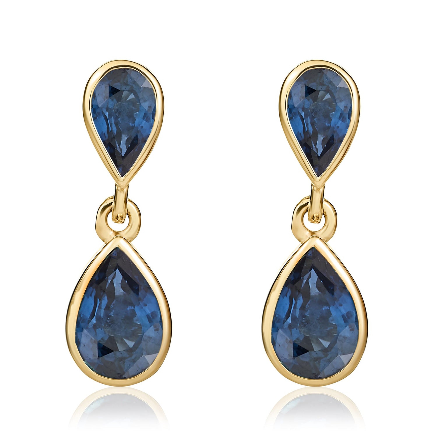 9ct Yellow Gold Pear Shaped Natural Blue Sapphire Two Stone Rubover Drop Earrings