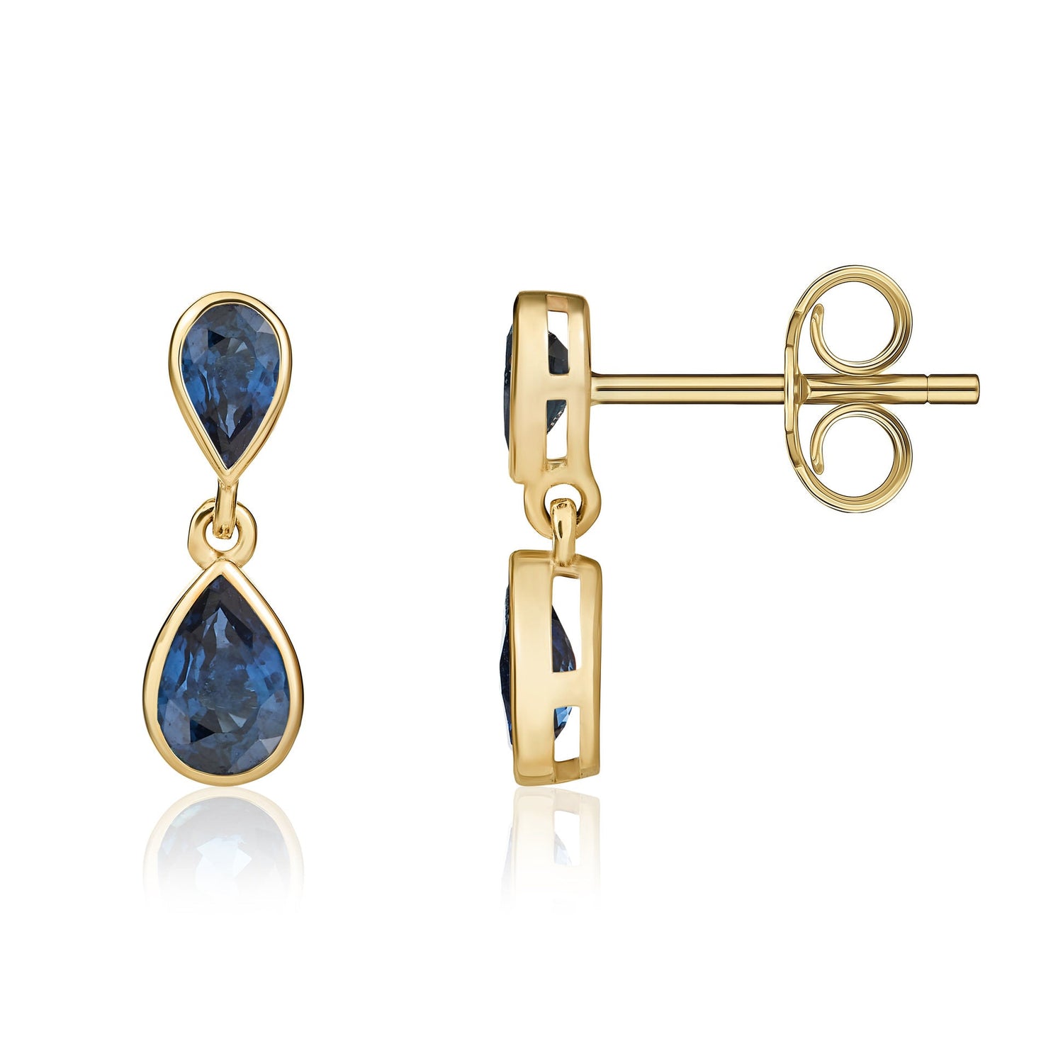 9ct Yellow Gold Pear Shaped Natural Blue Sapphire Two Stone Rubover Drop Earrings