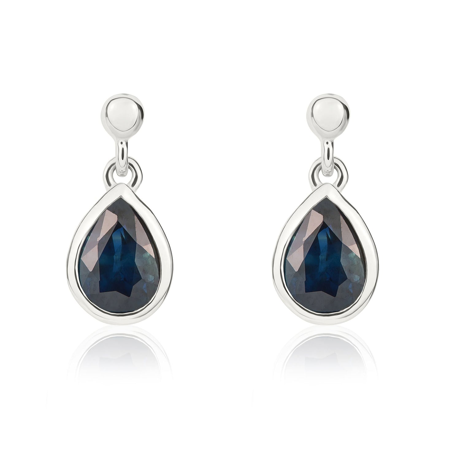 9ct White Gold Pear Shaped Natural Sapphire Rubover Drop Earrings — 6x4mm