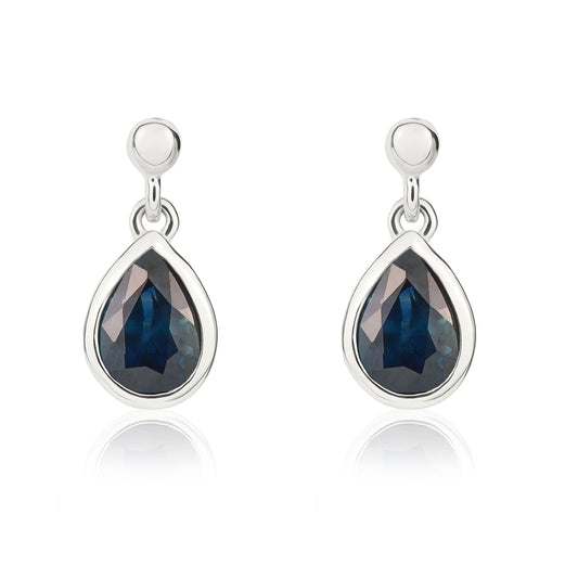 9ct White Gold Pear Shaped Natural Sapphire Rubover Drop Earrings — 6x4mm