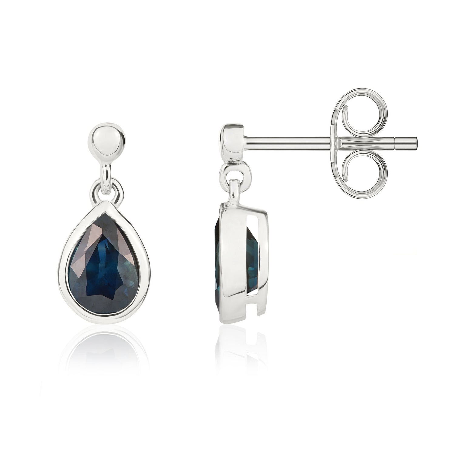 9ct White Gold Pear Shaped Natural Sapphire Rubover Drop Earrings — 6x4mm