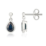 9ct White Gold Pear Shaped Natural Sapphire Rubover Drop Earrings with 2.5mm Bead Top — 6x4mm