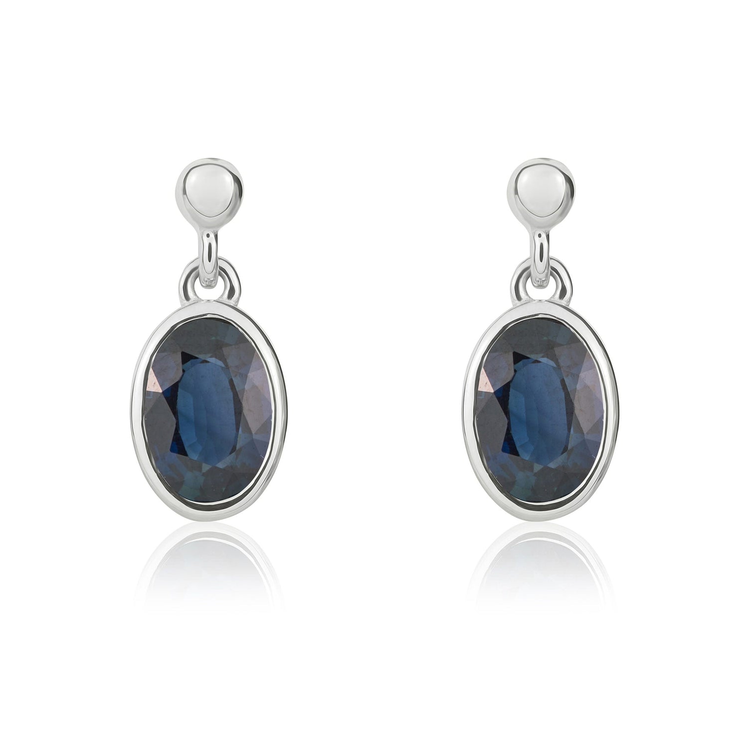 9ct White Gold Oval Natural Sapphire Rubover Drop Earrings with Bead Top — 6x4mm