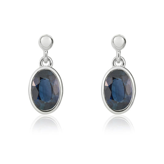 9ct White Gold Oval Natural Sapphire Rubover Drop Earrings with Bead Top — 6x4mm