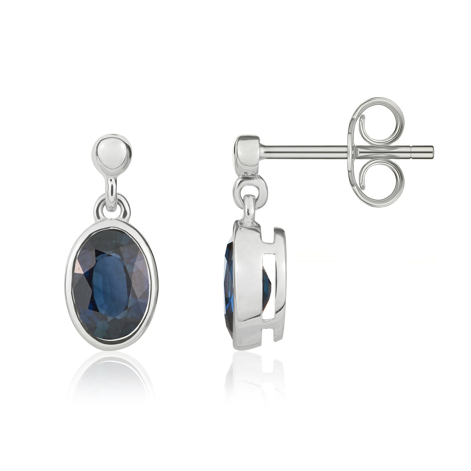 9ct White Gold Rubover Oval Natural Sapphire Bead Top Drop Earrings — 7 5mm