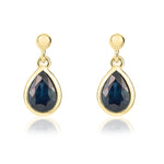 9ct Yellow Gold Pear Shaped Natural Sapphire Rubover Drop Earrings with 2.5mm Bead Top — 6x4mm
