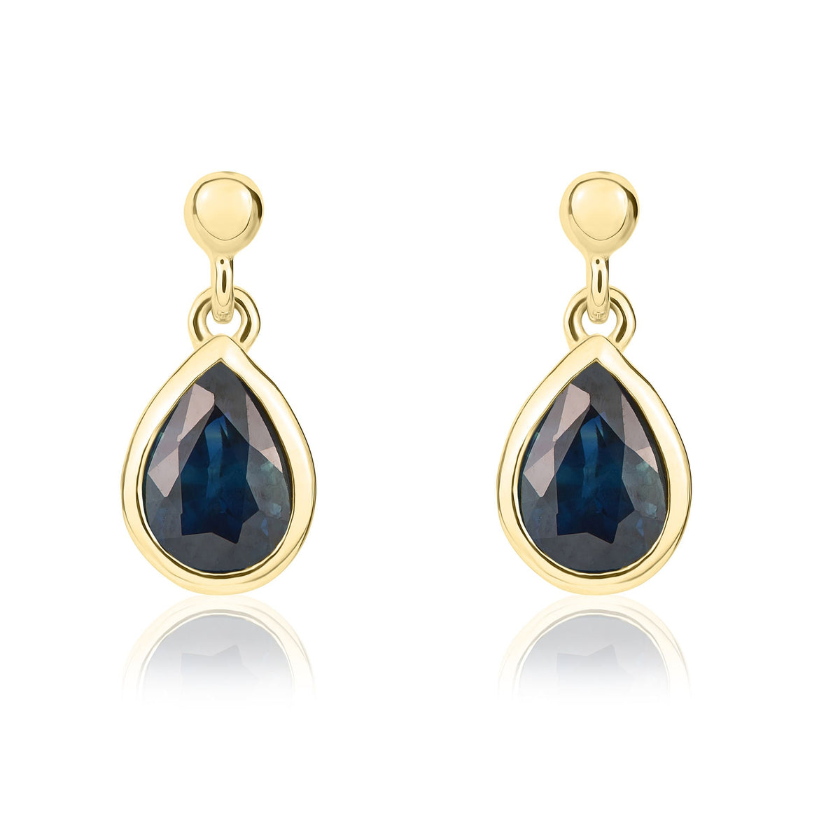 9ct Yellow Gold Pear Shaped Natural Sapphire Rubover Drop Earrings with 2.5mm Bead Top — 6x4mm