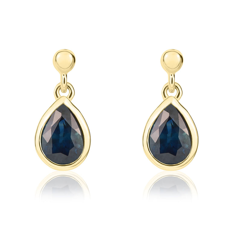 9ct Yellow Gold Pear Shaped Natural Sapphire Rubover Drop Earrings with 2.5mm Bead Top — 6x4mm