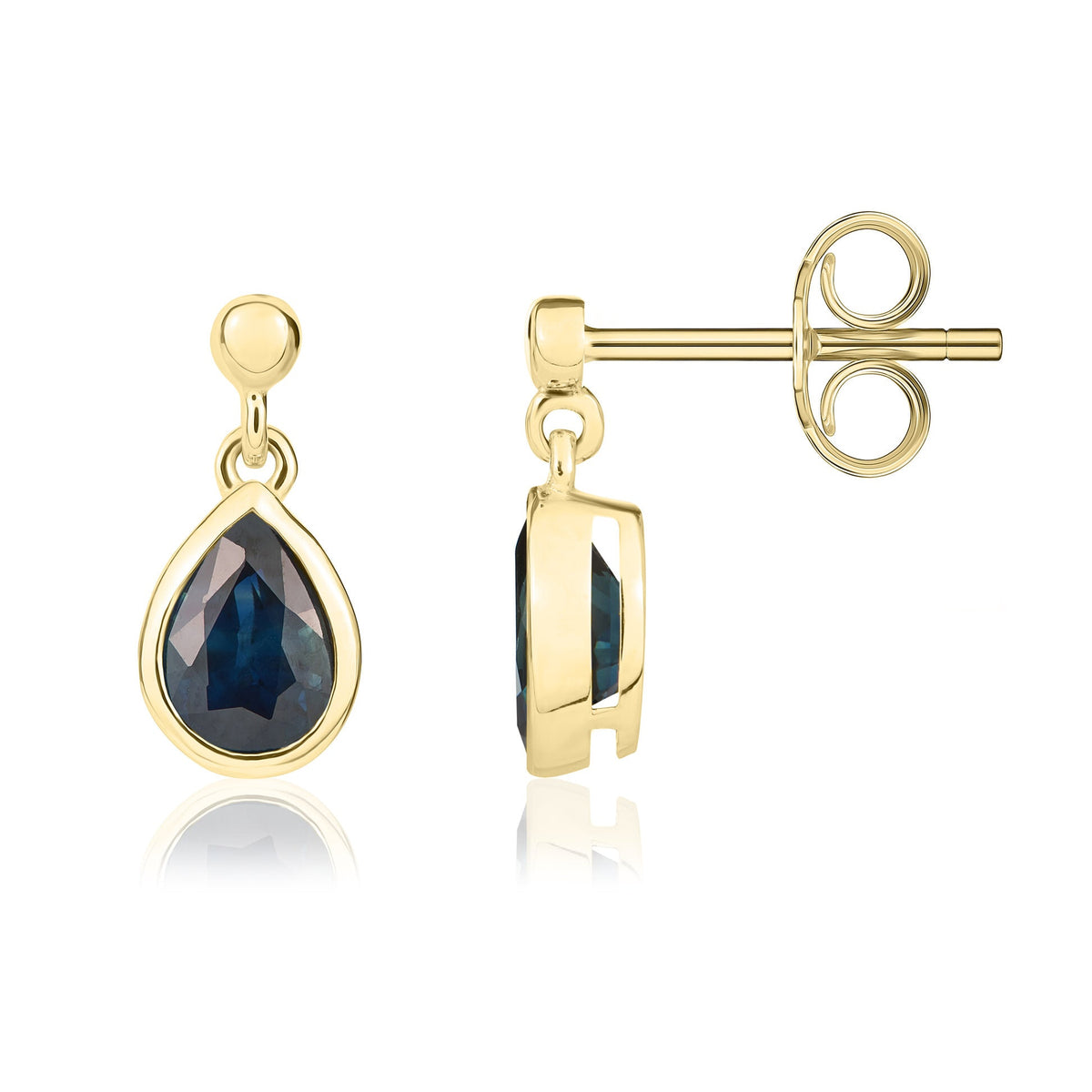 9ct Yellow Gold Pear Shaped Natural Sapphire Rubover Drop Earrings with 2.5mm Bead Top — 6x4mm