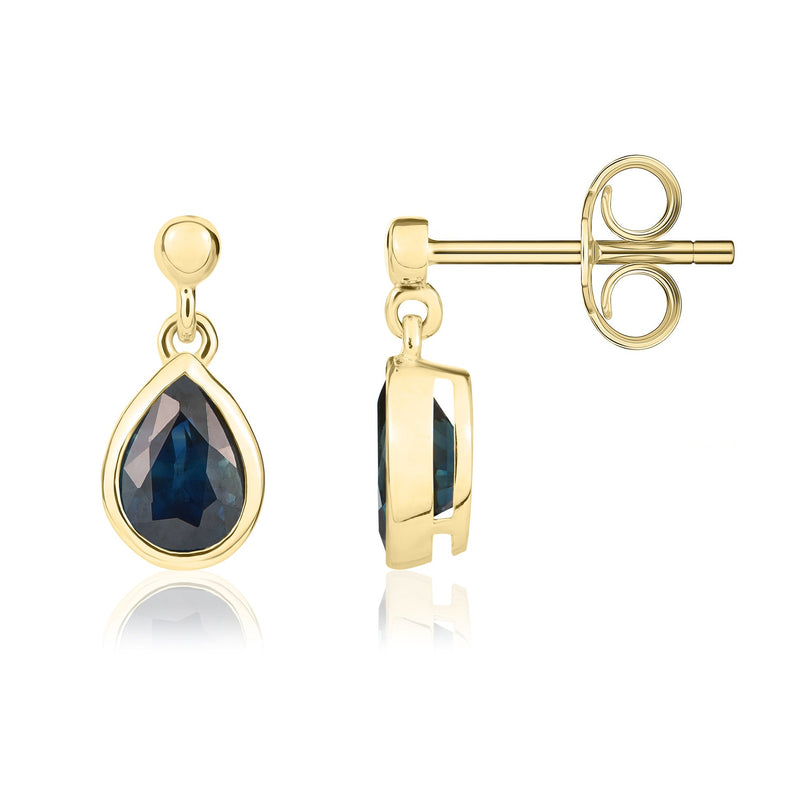 9ct Yellow Gold Pear Shaped Natural Sapphire Rubover Drop Earrings with 2.5mm Bead Top — 6x4mm