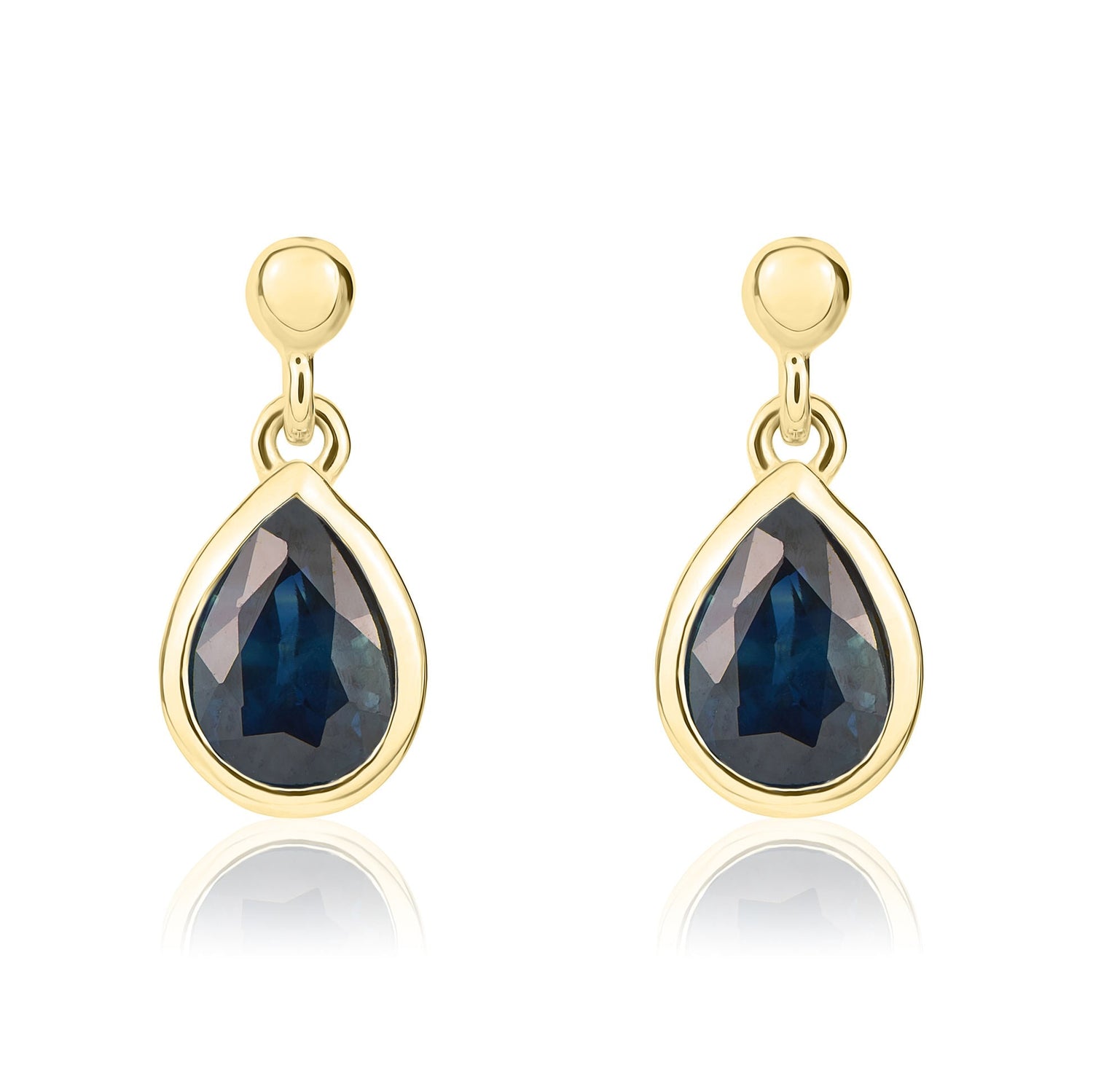 9ct Yellow Gold Pear Shaped Natural Blue Sapphire Drop Earrings — 7x5mm